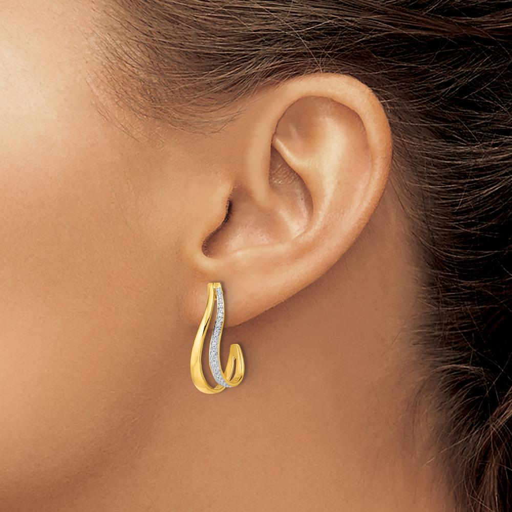 14K Yellow Gold Rhodium-Plated J-Hoop Earrings with 14 Round Diamonds - 0.01 Carat Total Diamond Weight by Monteluci Fine Jewelry