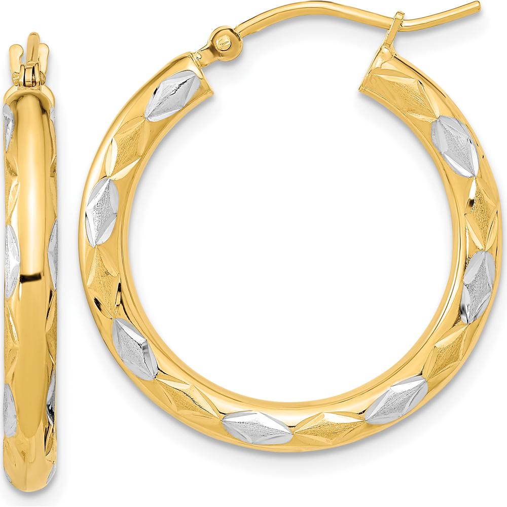14K Yellow Gold Rhodium Polished Satin and Diamond-Cut Hoop Earrings - 26.65mm Length, 24.93mm Width by 0