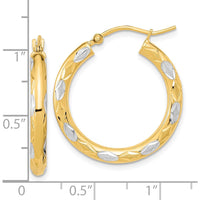 14K Yellow Gold Rhodium Polished Satin and Diamond-Cut Hoop Earrings - 26.65mm Length, 24.93mm Width by 0