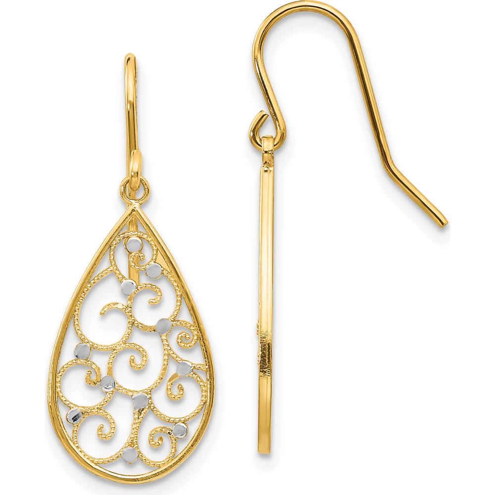 14K Yellow Gold Rhodium Polished Teardrop Earrings with Filigree Design - 29mm Length by 0