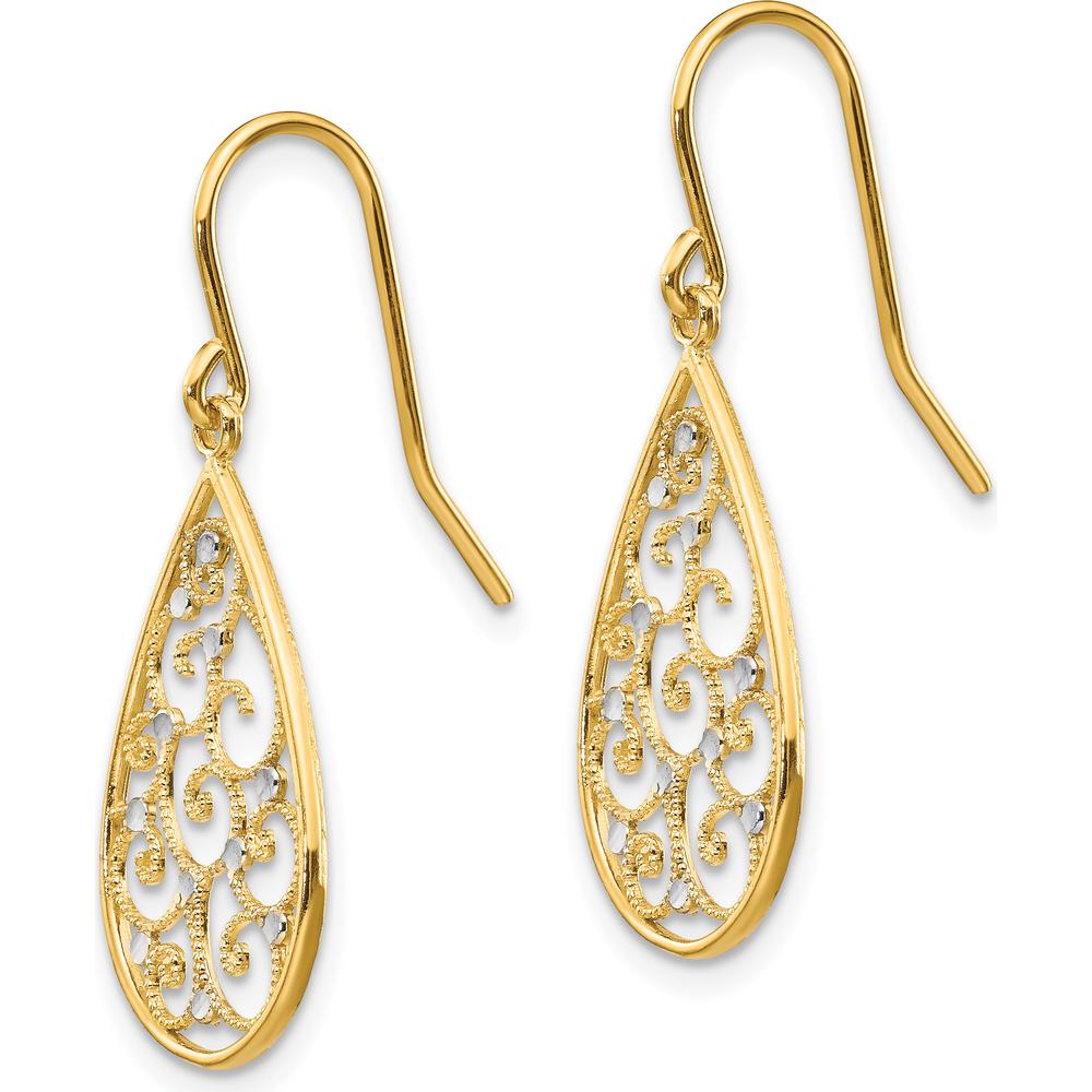 14K Yellow Gold Rhodium Polished Teardrop Earrings with Filigree Design - 29mm Length by 0