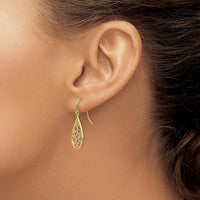 14K Yellow Gold Rhodium Polished Teardrop Earrings with Filigree Design - 29mm Length by 0