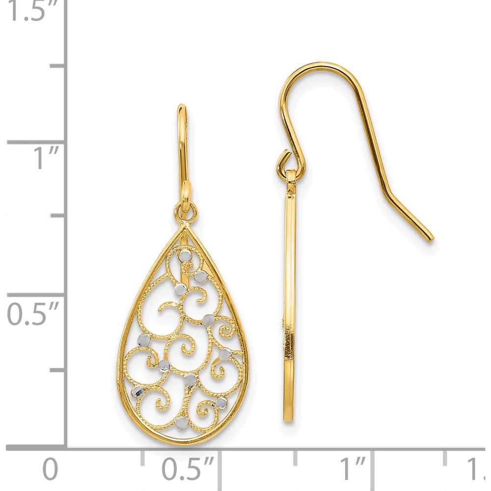 14K Yellow Gold Rhodium Polished Teardrop Earrings with Filigree Design - 29mm Length by 0