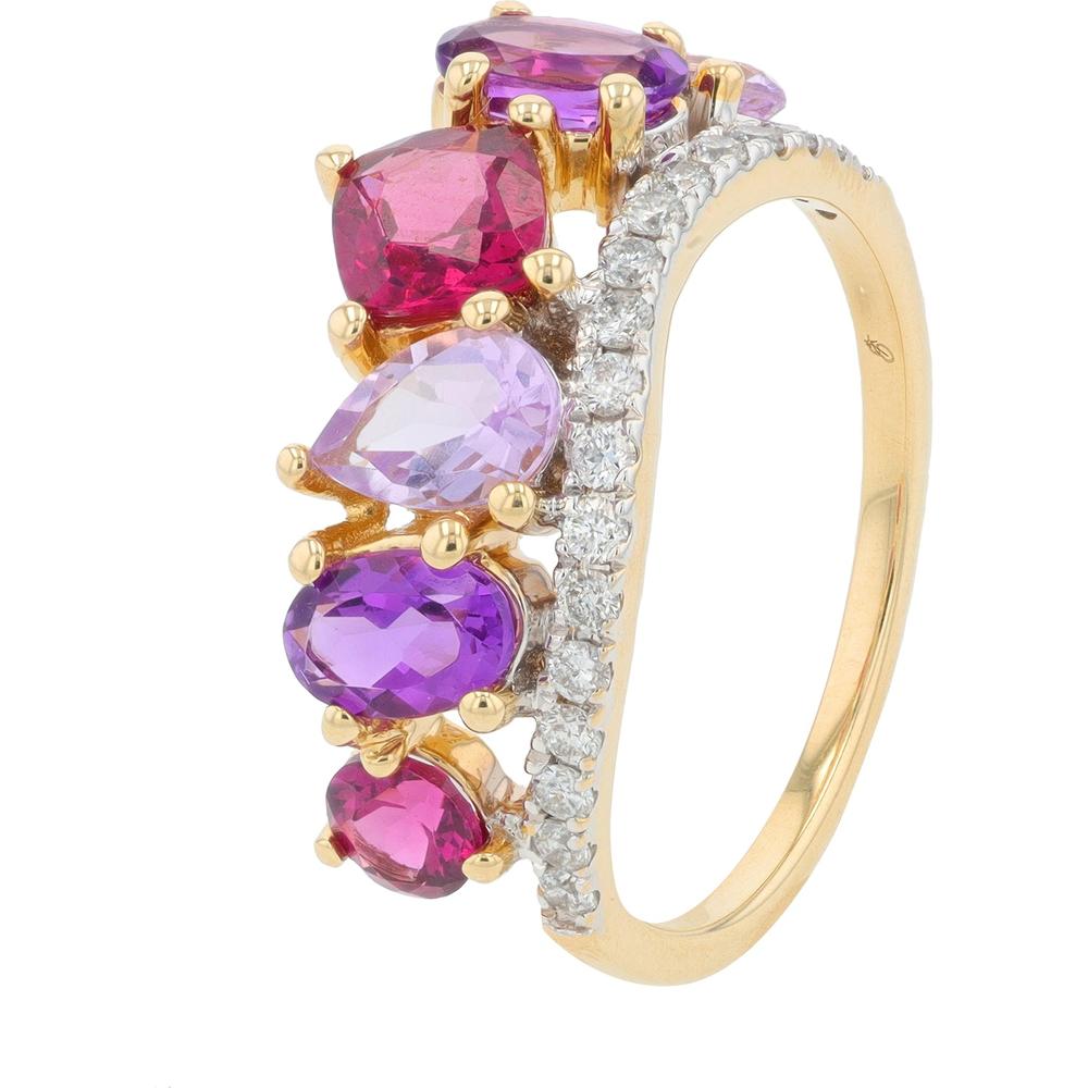 14K Yellow Gold Rhodolite & Amethyst Cluster Ring with Diamond Accent - 2.15 Carat Total Gemstone Weight