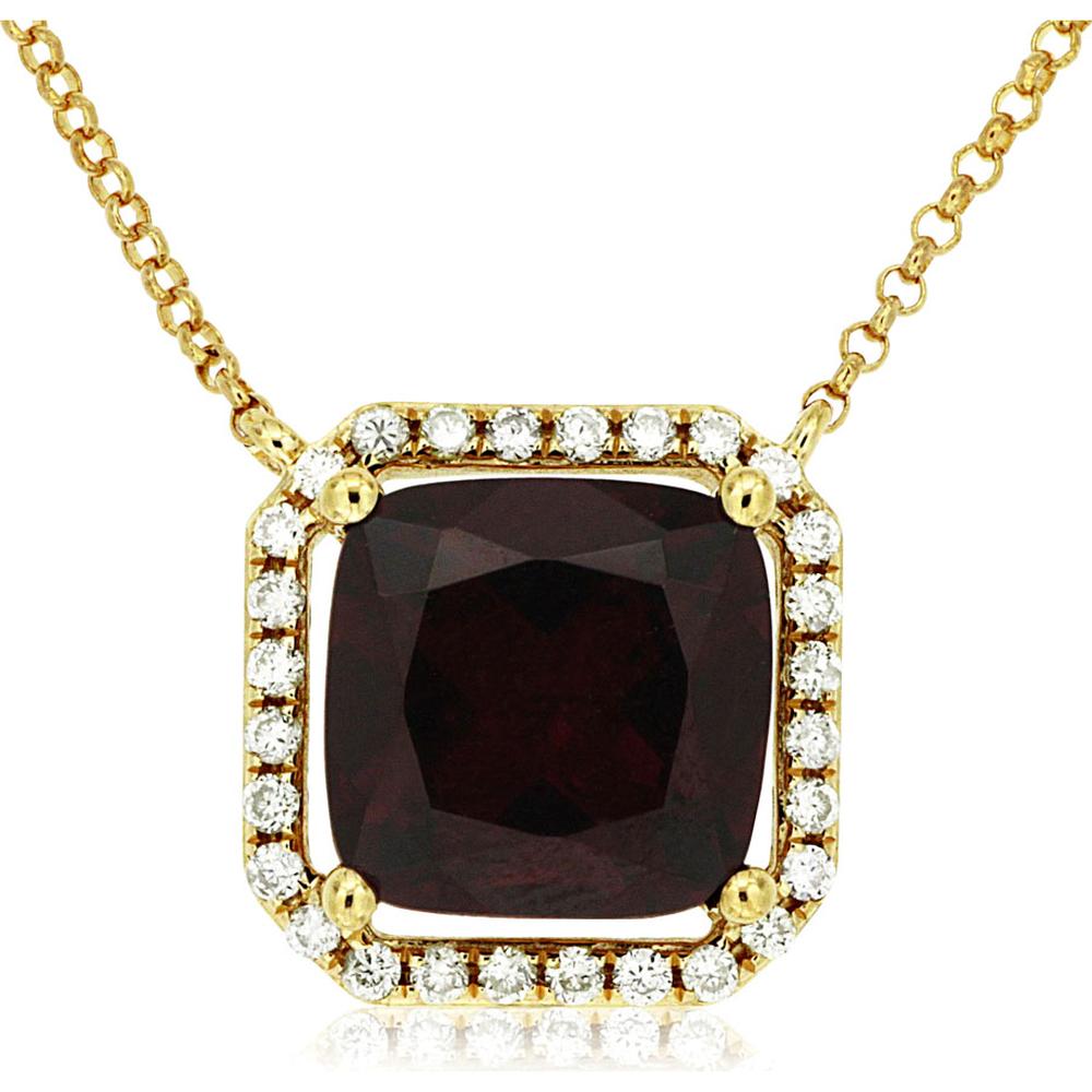 14K Yellow Gold Rhodolite & Diamond Cushion Cut Pendant - 2.65 Carats Rhodolite & 0.14 Carats Diamond Total Weight