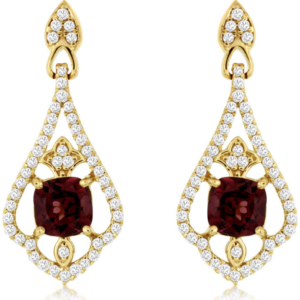 14K Yellow Gold Rhodolite & Diamond Drop Earrings with Cushion Cut Rhodolite - 1.40 Carats Total Diamond Weight