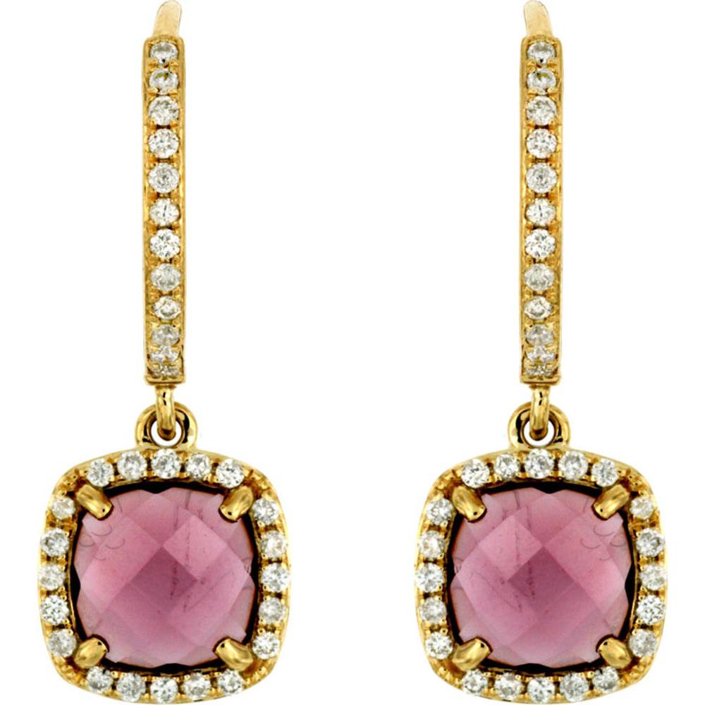 14K Yellow Gold Rhodolite & Diamond Halo Drop Earrings - 0.25 Carat Total Diamond Weight, 2.40 Carat Total Rhodolite Weight - Royal Jewelry