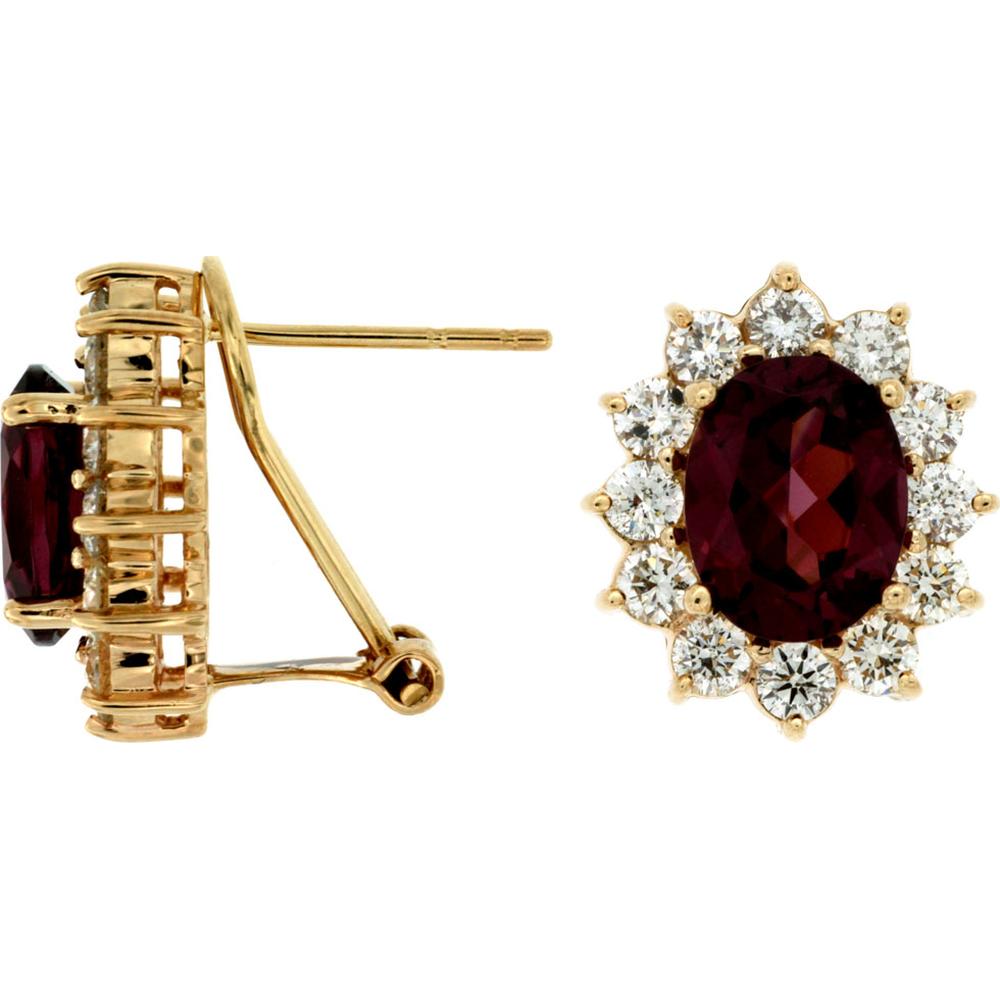 14K Yellow Gold Rhodolite & Diamond Halo Earrings - 4.60 Carats Total Diamond Weight, 3.40 Carats Total Rhodolite Weight