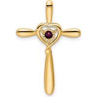 14K Yellow Gold Rhodolite Garnet Cross Pendant with Heart Design - 2.3mm Round Gemstone by Oro Pregiato