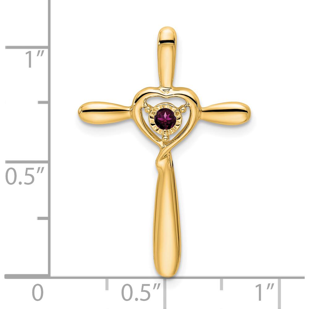 14K Yellow Gold Rhodolite Garnet Cross Pendant with Heart Design - 2.3mm Round Gemstone by Oro Pregiato