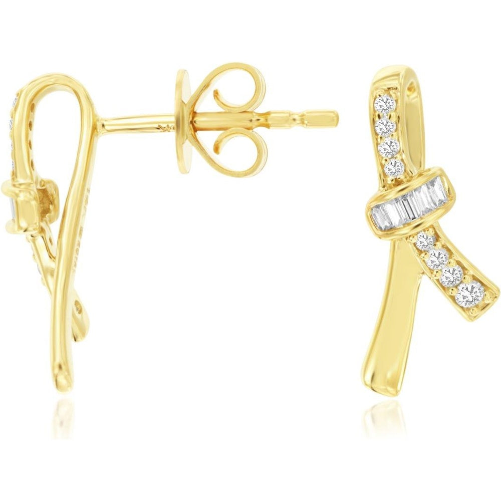 14K Yellow Gold Ribbon Bow Earrings with Baguette and Round Cut Diamonds - 0.14 Carat Total Diamond Weight - Royal Jewelry