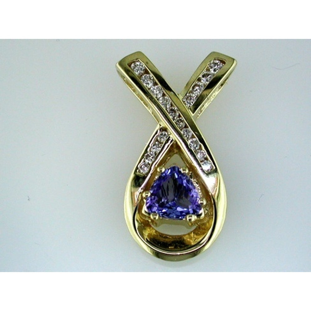 14K Yellow Gold Ribbon Pendant with Trillion-Cut Tanzanite and Channel-Set Round Diamonds - 1.10 Carat Tanzanite and 0.45 Carat Total Diamond Weight - Royal Jewelry