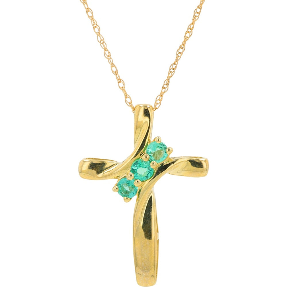 14K Yellow Gold Ribbon Twist Cross Pendant with Three Round-Cut Emeralds - 0.25 Carat Total Gem Weight
