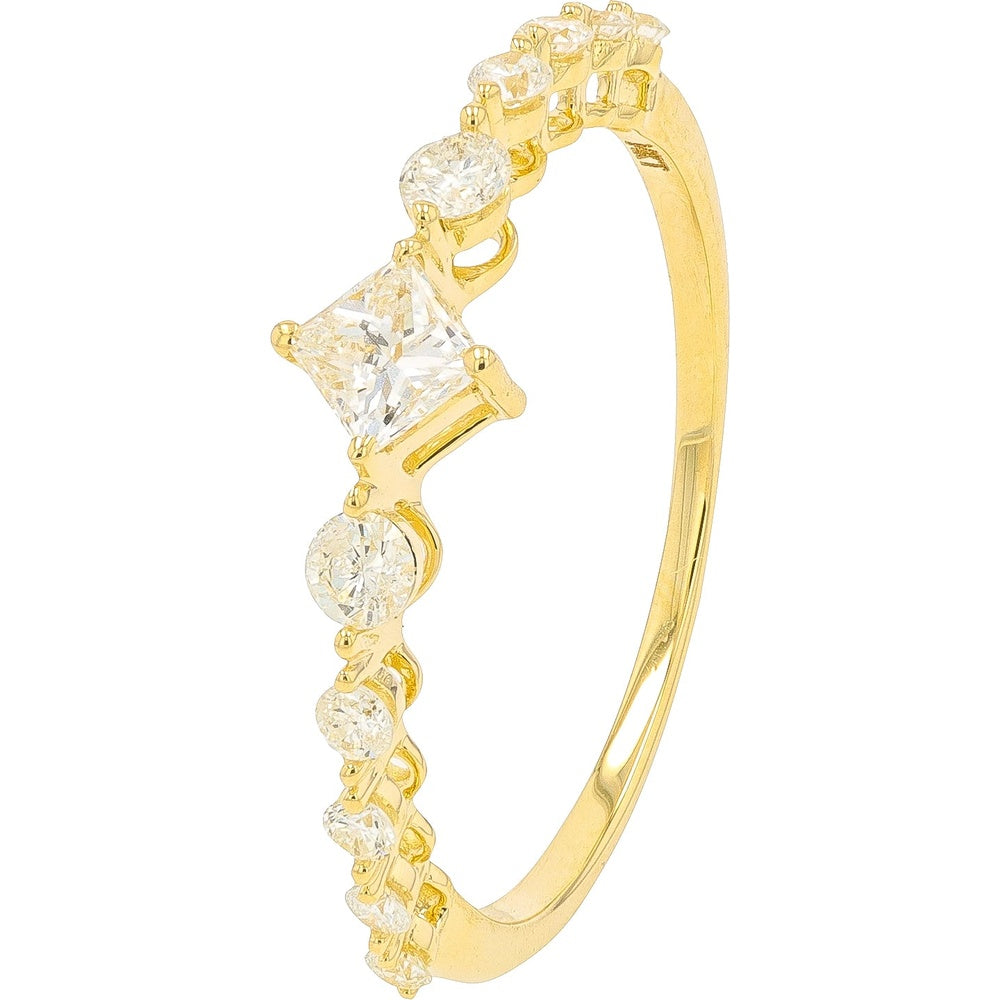 14K Yellow Gold Ring with 0.50 Carat Square Diamond Center and Round Diamond Accents - Geometric Modern Design