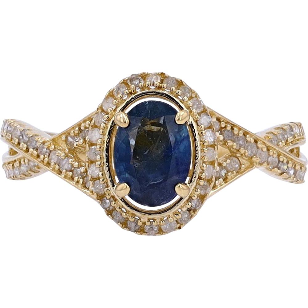 14K Yellow Gold Ring with 1.00 Carat Oval Sapphire and 0.35 Carat Diamond Halo with Crossover Shank