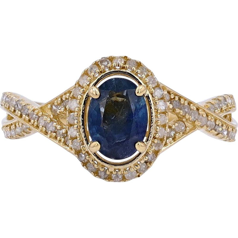 14K Yellow Gold Ring with 1.00 Carats Oval-Cut Sapphire and 0.35 Carats Diamond Halo