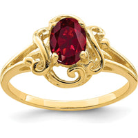 14K Yellow Gold Ring with 7x5mm Oval Lab-Created Ruby in Scrollwork Setting by Monteluci Fine Jewelry