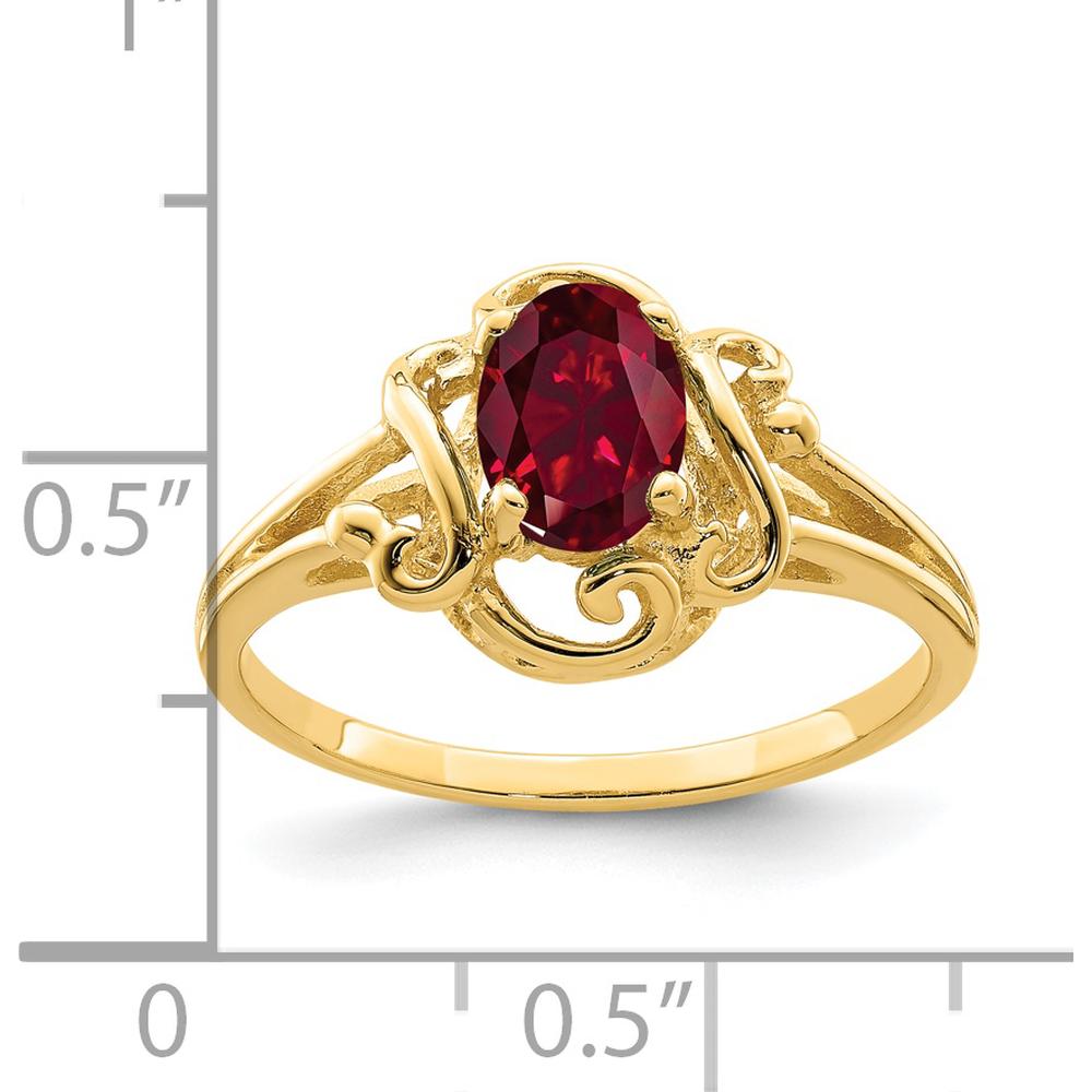 14K Yellow Gold Ring with 7x5mm Oval Lab-Created Ruby in Scrollwork Setting by Monteluci Fine Jewelry