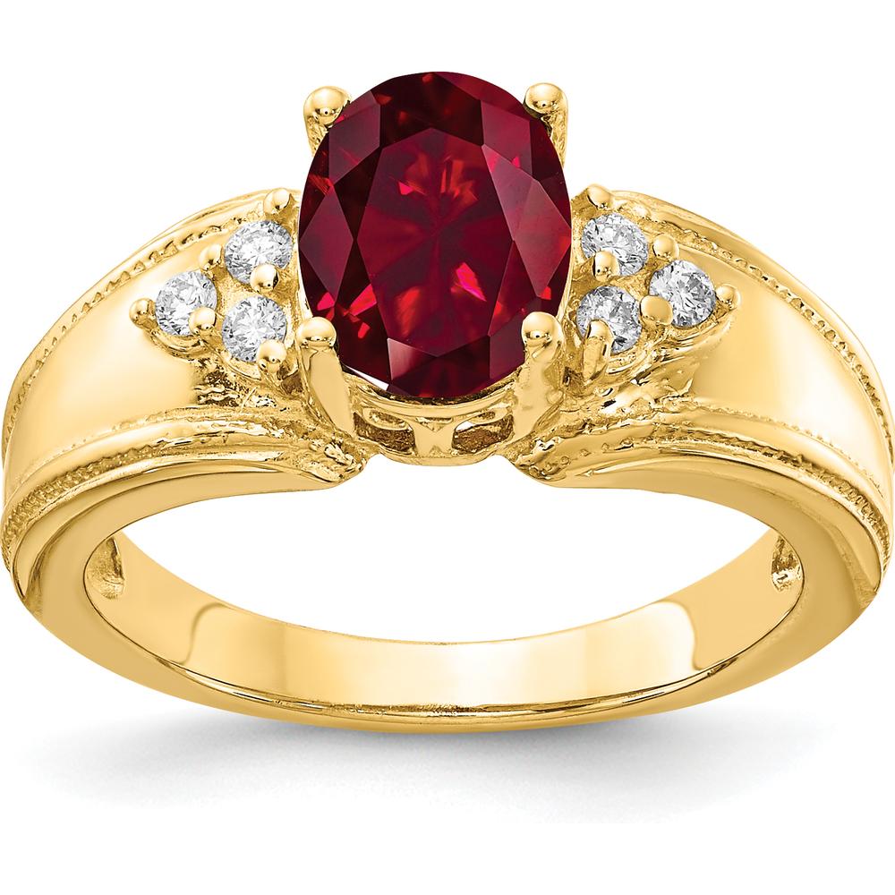 14K Yellow Gold Ring with 8x6mm Oval Created Ruby and Round Diamond Accents - 0.09 Carat Total Diamond Weight by Monteluci Fine Jewelry