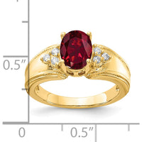 14K Yellow Gold Ring with 8x6mm Oval Created Ruby and Round Diamond Accents - 0.09 Carat Total Diamond Weight by Monteluci Fine Jewelry