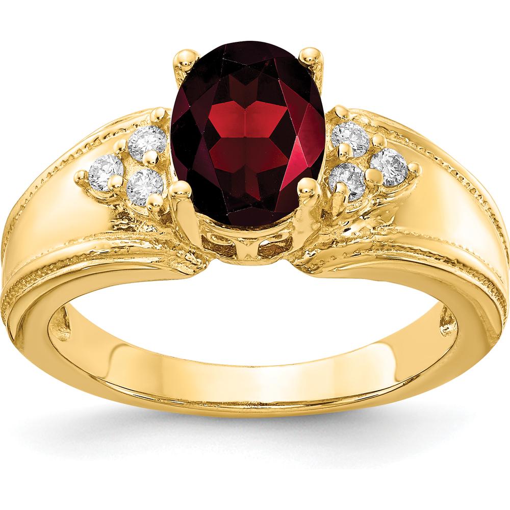 14K Yellow Gold Ring with 8x6mm Oval Garnet and 0.09 Carat Total Round Diamond Accents by Monteluci Fine Jewelry