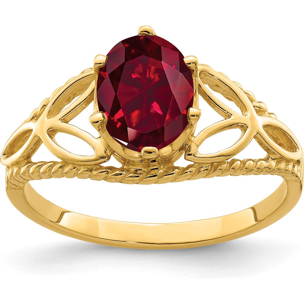 14K Yellow Gold Ring with 8x6mm Oval Lab Created Ruby - Polished Filigree Design by Monteluci Fine Jewelry