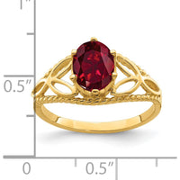 14K Yellow Gold Ring with 8x6mm Oval Lab Created Ruby - Polished Filigree Design by Monteluci Fine Jewelry