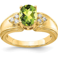 14K Yellow Gold Ring with 8x6mm Oval Peridot and 0.09 Carat Round Diamond Accents - 1.30 Carat Total Gemstone Weight by Monteluci Fine Jewelry