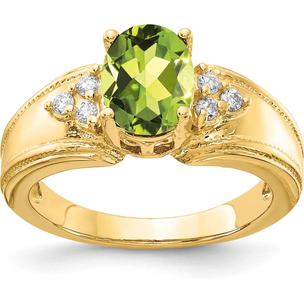 14K Yellow Gold Ring with 8x6mm Oval Peridot and 0.09 Carat Round Diamond Accents - 1.30 Carat Total Gemstone Weight by Monteluci Fine Jewelry