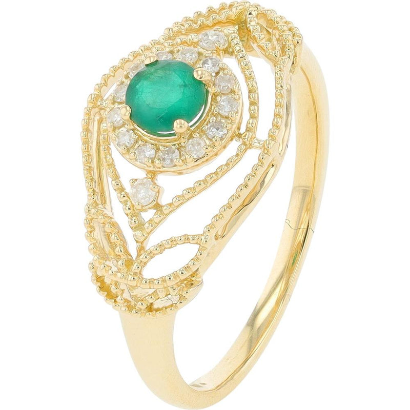 14K Yellow Gold Ring with Emerald Center and Diamond Accents - 0.08 Carat Total Diamond Weight