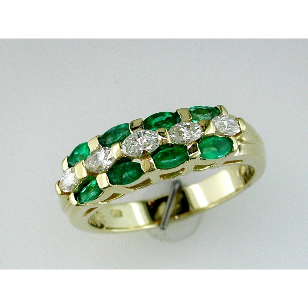 14K Yellow Gold Ring with Marquise Emeralds and Round Diamonds - 0.57 Carat Total Emerald Weight and 0.35 Carat Total Diamond Weight - Royal Jewelry
