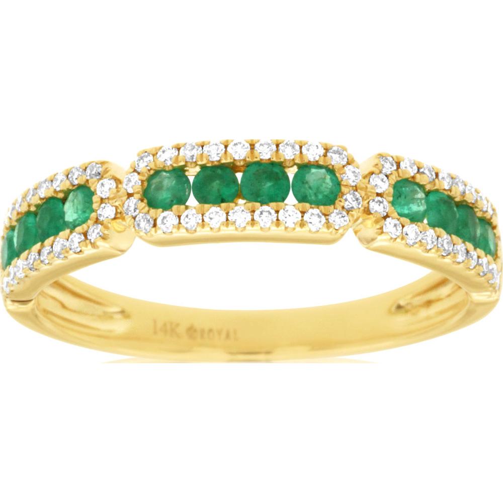 14K Yellow Gold Ring with Multiple Round Emeralds and Diamond Accents - 0.32 Carat Total Emerald Weight and 0.20 Carat Total Diamond Weight - Royal Jewelry