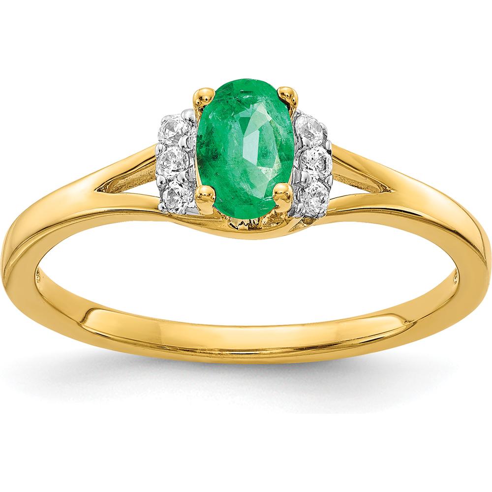 14K Yellow Gold Ring with Oval Emerald and Round Diamonds - 0.42 Carat Emerald, 0.07 Carat Total Diamond Weight by 0