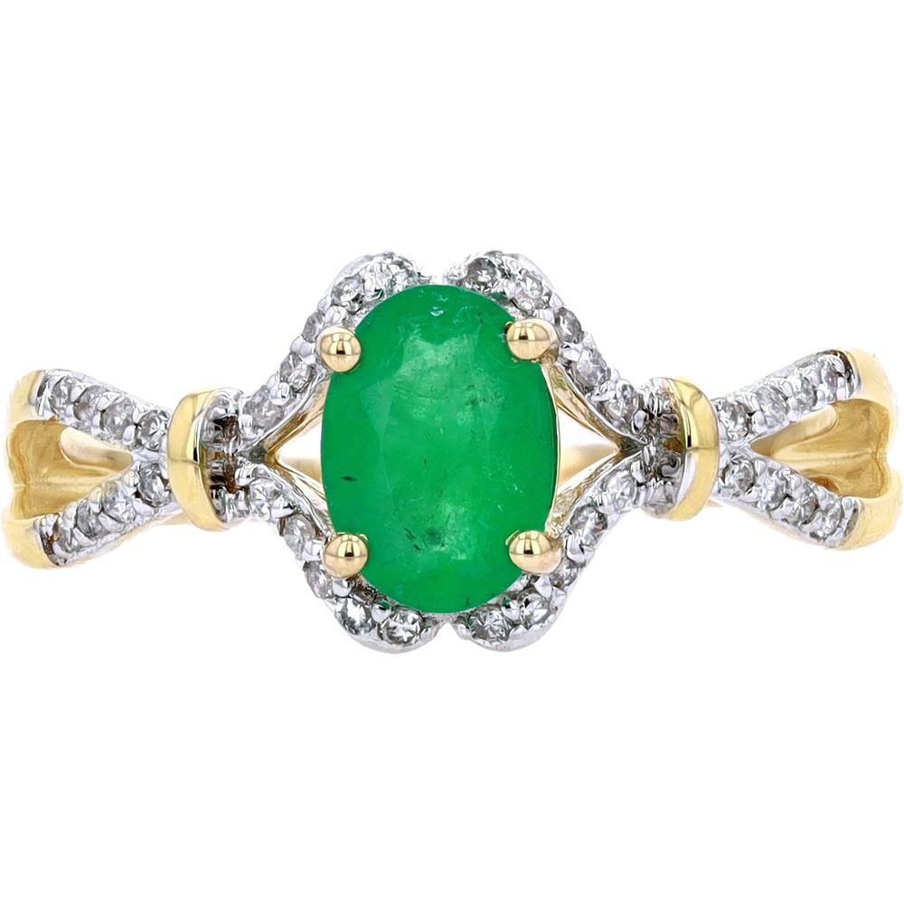 14K Yellow Gold Ring with Oval Emerald Center and 0.14 Carats Pavé Diamond Accents