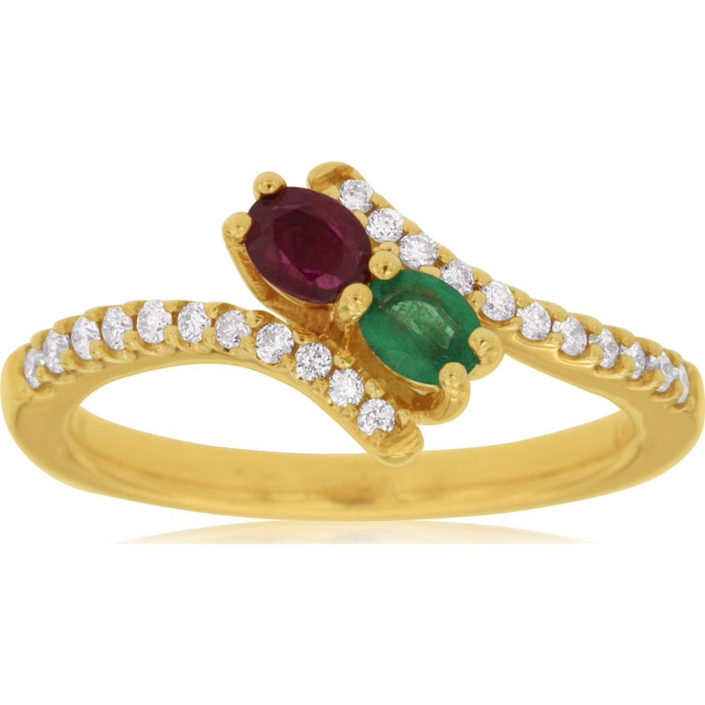 14K Yellow Gold Ring with Oval Ruby & Emerald and Diamond Accent - 0.55 Carats Total Gemstone Weight