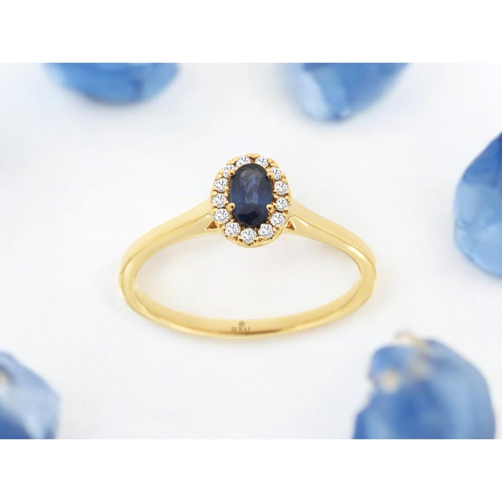 14K Yellow Gold Ring with Oval Sapphire and Diamond Halo - 0.28 Carat Sapphire and 0.10 Carat Diamond Total Weight - Royal Jewelry