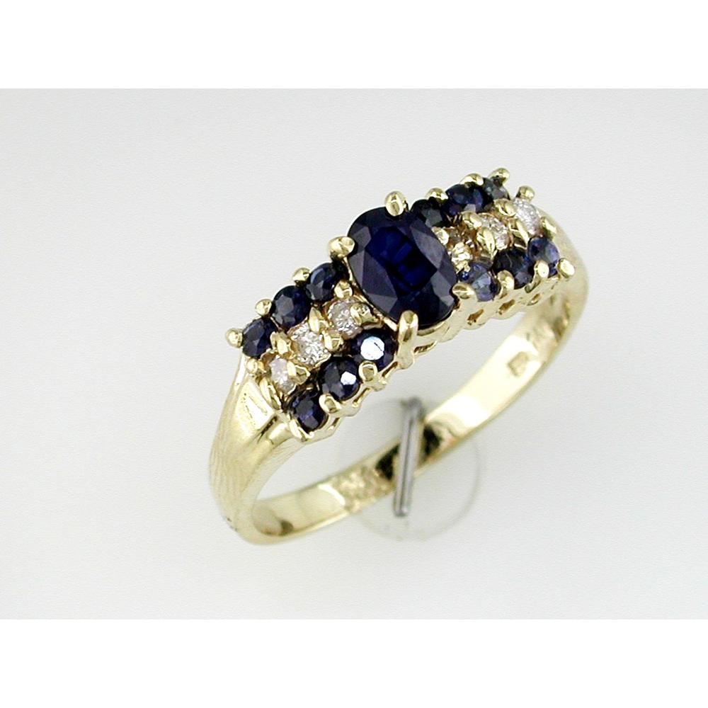 14K Yellow Gold Ring with Oval Sapphire and Round Sapphire & Diamond Accents - 1.20 Carat Sapphire and 0.16 Carat Diamond Weight - Royal Jewelry