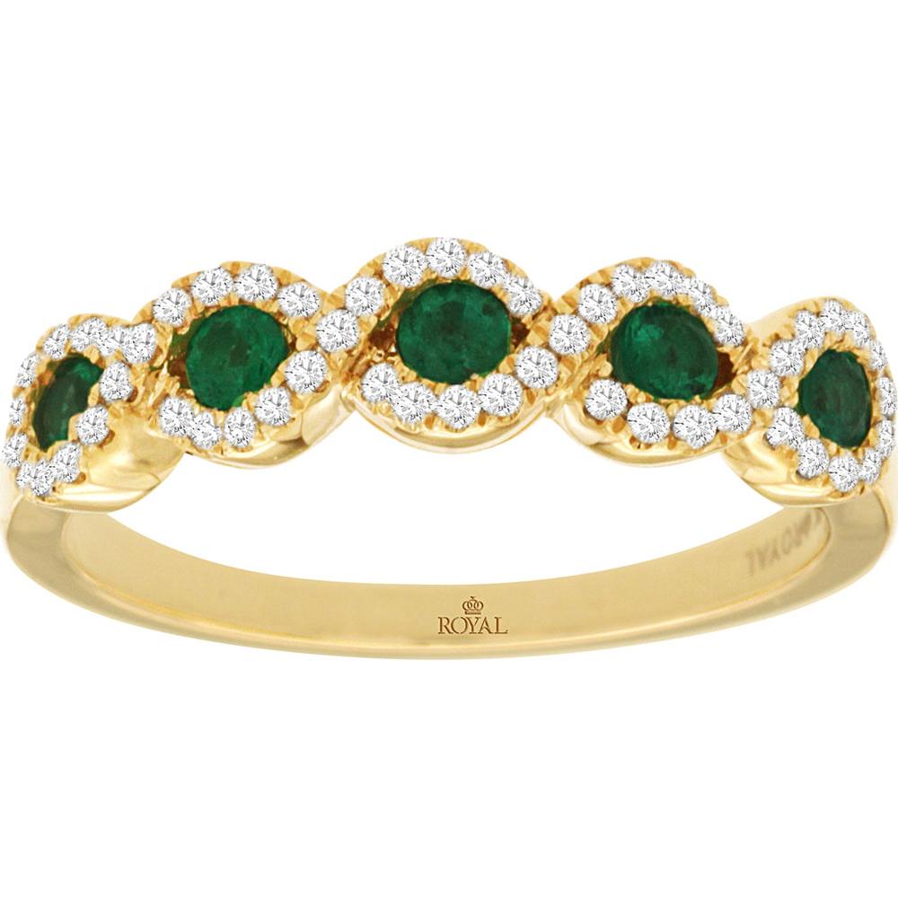 14K Yellow Gold Ring with Round Emeralds and Diamond Halos - 0.25 Carat Total Emerald Weight and 0.20 Carat Total Diamond Weight - Royal Jewelry