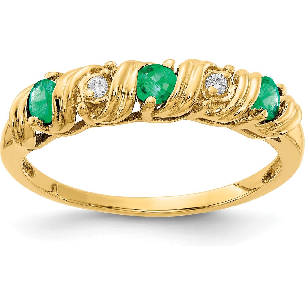14K Yellow Gold Ring with Round Faceted Emeralds and Diamonds - 0.09 Carat Total Emerald Weight, 0.024 Carat Total Diamond Weight by Monteluci Fine Jewelry
