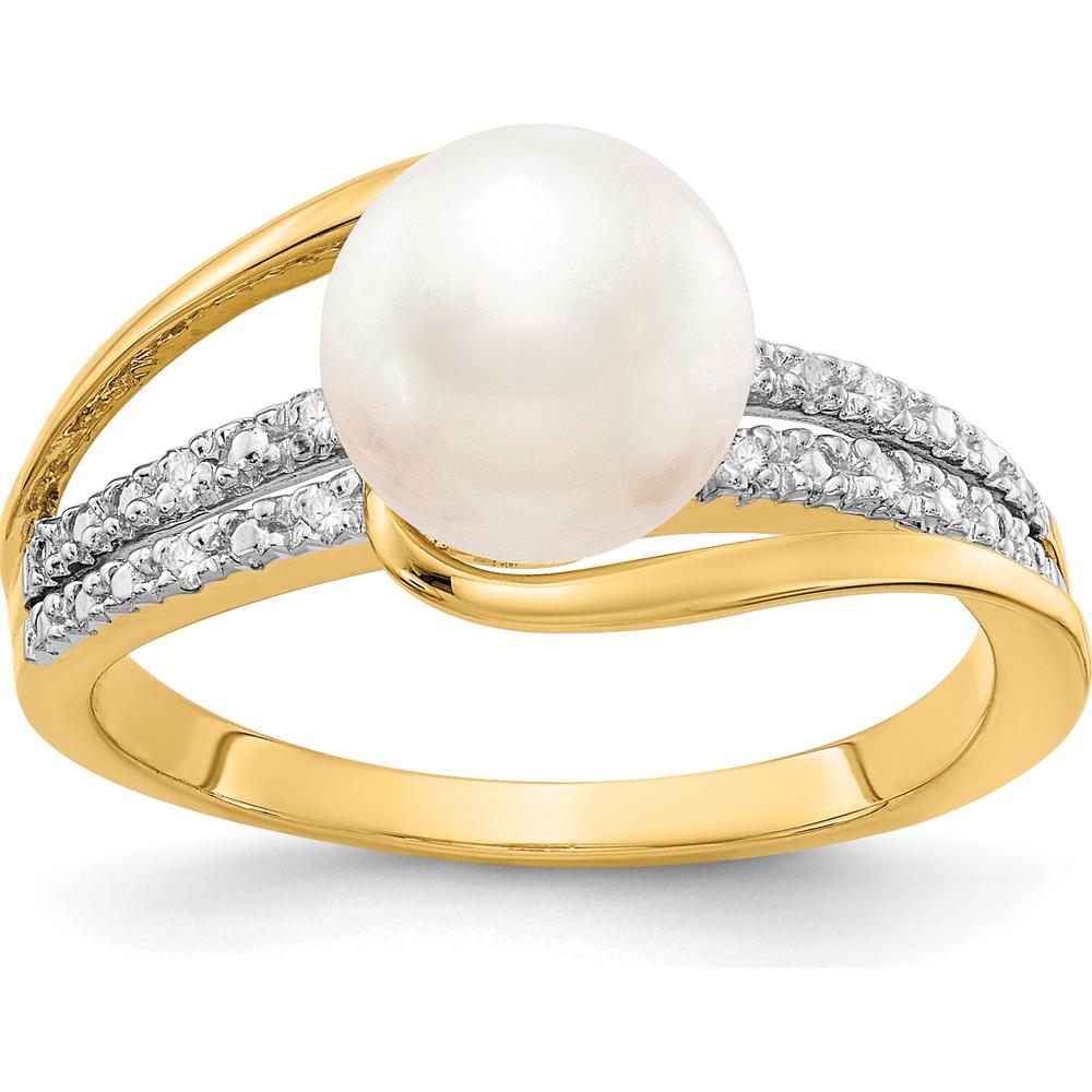 14K Yellow Gold Ring with Round Freshwater Cultured Pearl and Prong Set Diamonds - 0.04 Carat Total Diamond Weight by Monteluci Fine Jewelry