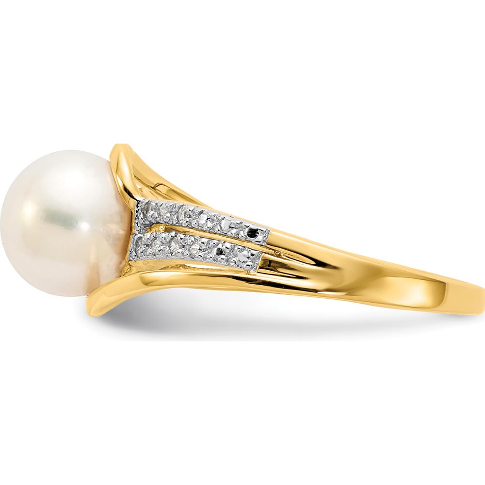 14K Yellow Gold Ring with Round Freshwater Cultured Pearl and Prong Set Diamonds - 0.04 Carat Total Diamond Weight by Monteluci Fine Jewelry