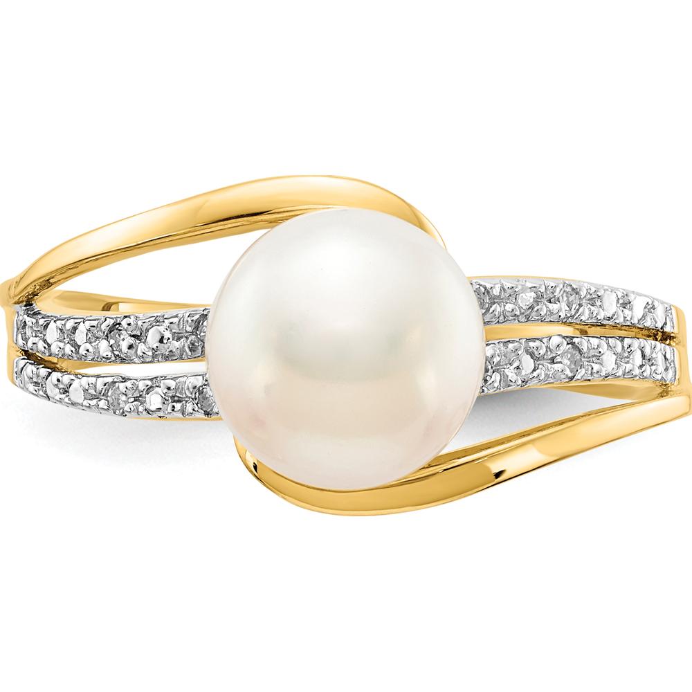 14K Yellow Gold Ring with Round Freshwater Cultured Pearl and Prong Set Diamonds - 0.04 Carat Total Diamond Weight by Monteluci Fine Jewelry