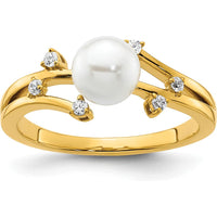 14K Yellow Gold Ring with Round White Freshwater Cultured Pearl and 1/10 Carat Total Weight Natural Diamonds by 0