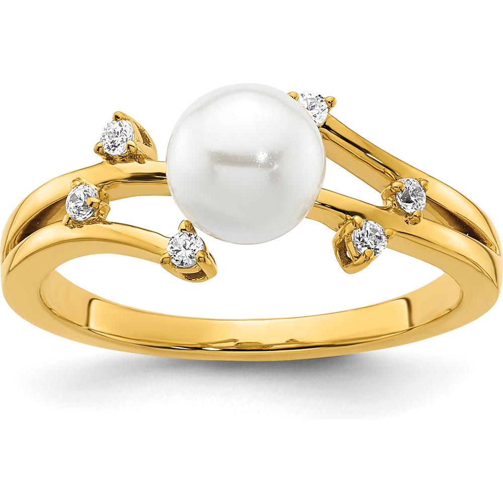 14K Yellow Gold Ring with Round White Freshwater Cultured Pearl and 1/10 Carat Total Weight Natural Diamonds by 0
