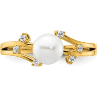 14K Yellow Gold Ring with Round White Freshwater Cultured Pearl and 1/10 Carat Total Weight Natural Diamonds by 0