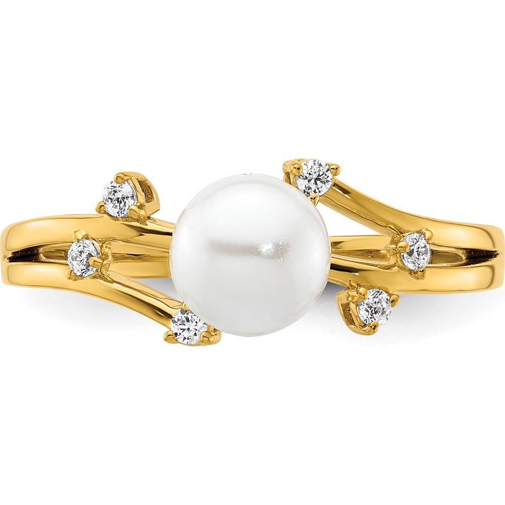 14K Yellow Gold Ring with Round White Freshwater Cultured Pearl and 1/10 Carat Total Weight Natural Diamonds by 0