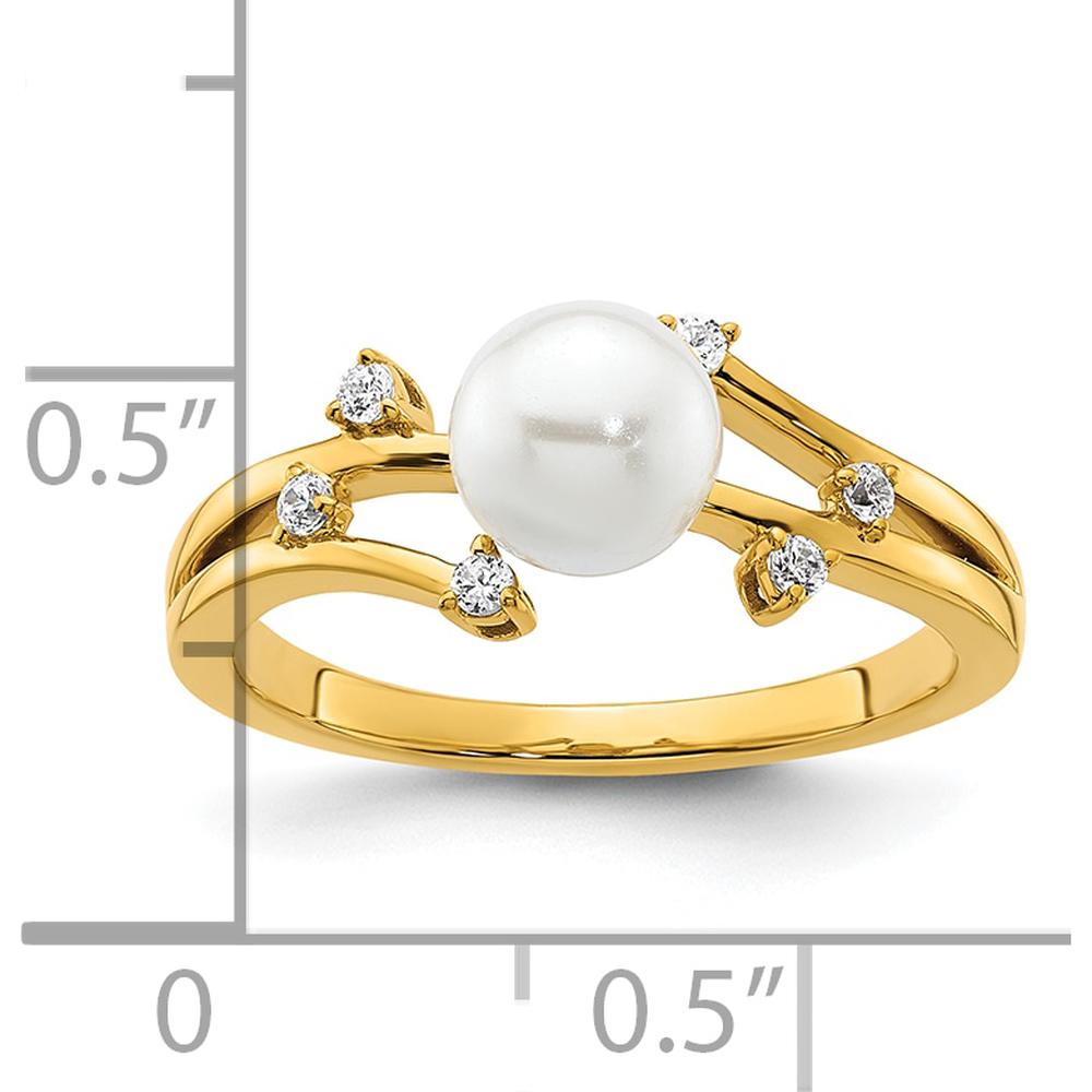 14K Yellow Gold Ring with Round White Freshwater Cultured Pearl and 1/10 Carat Total Weight Natural Diamonds by 0