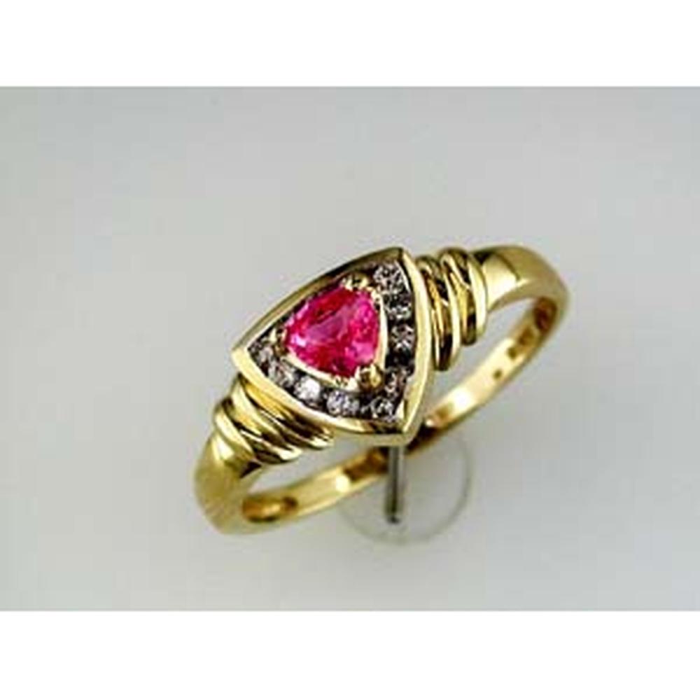 14K Yellow Gold Ring with Trillion Cut Pink Sapphire and Round Diamond Accents - .35 Carat Pink Sapphire, .12 Carat Total Diamond Weight - Royal Jewelry