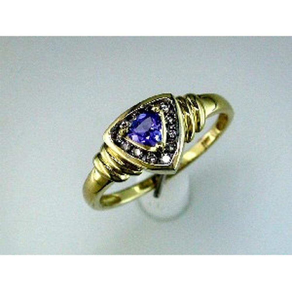 14K Yellow Gold Ring with Trillion Cut Tanzanite and Round Diamond Accents - 0.25 Carat Tanzanite, 0.12 Carat Total Diamond Weight - Royal Jewelry