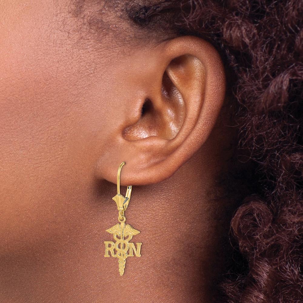 14K Yellow Gold RN Caduceus Leverback Earrings - Polished Finish by 0